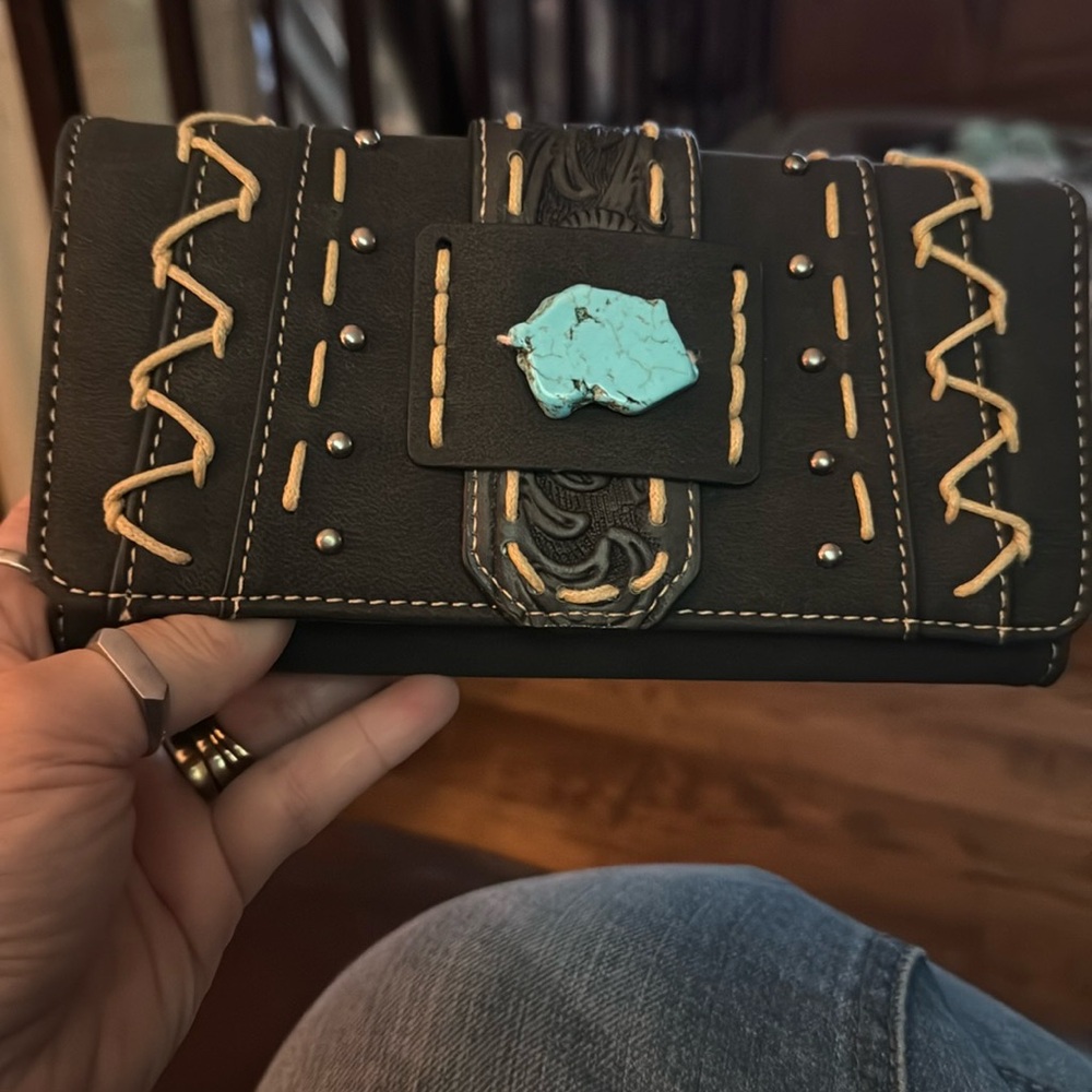 Montana West Black and Tan Wallet with Turquoise Accent